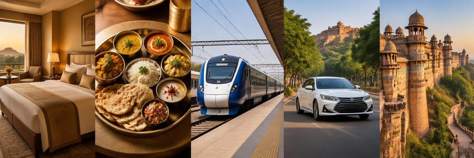 Accommodation, meals, train ticket, local travel and Gwalior tour